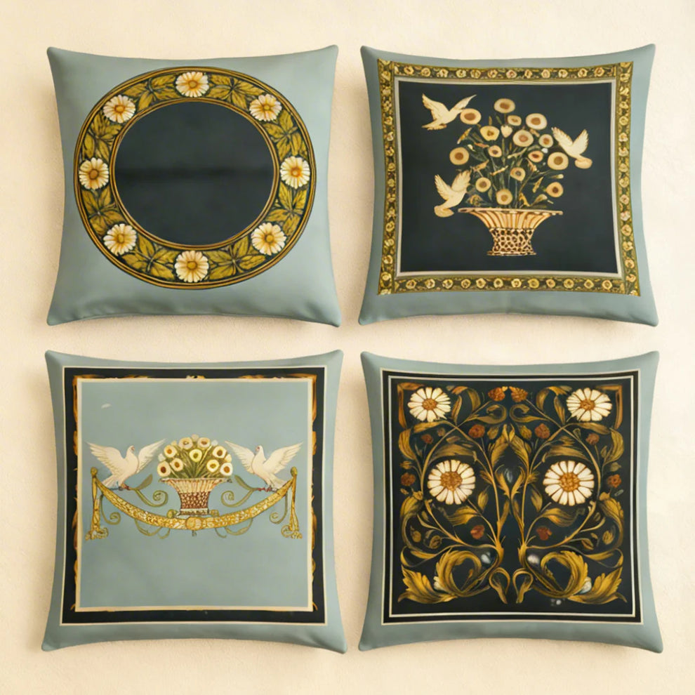French White Birds and Flowers Cushion Cover Pack of 4