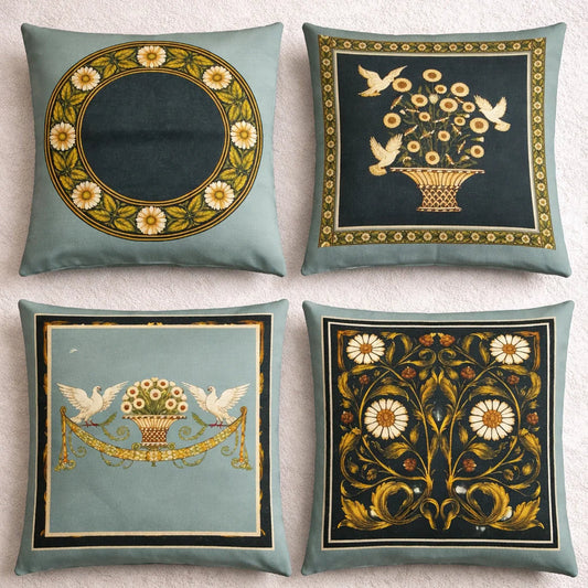 French White Birds and Flowers Cushion Cover Pack of 4